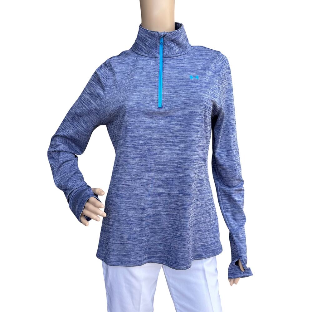 Under Armour HeatGear Blue Heather Quarter Zip Workout Shirt Thumb Holes Women M